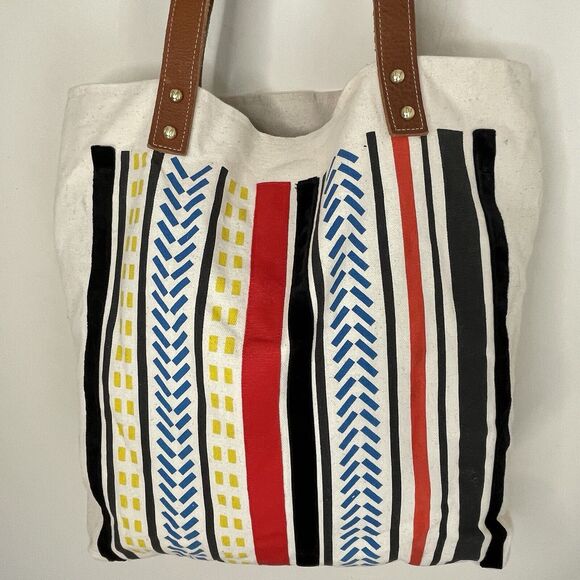 MIDORI Los Angeles Havana Striped Canvas Tote Bag Leather Straps African Print - Picture 2 of 12